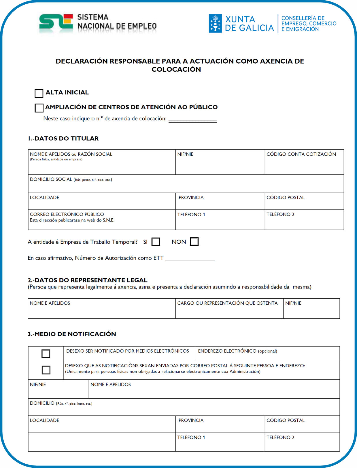 Declaración responsable Axencias de colocación