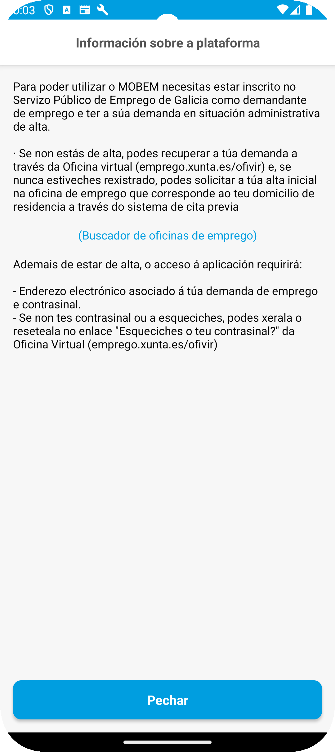 pantalla de información de mobem en android