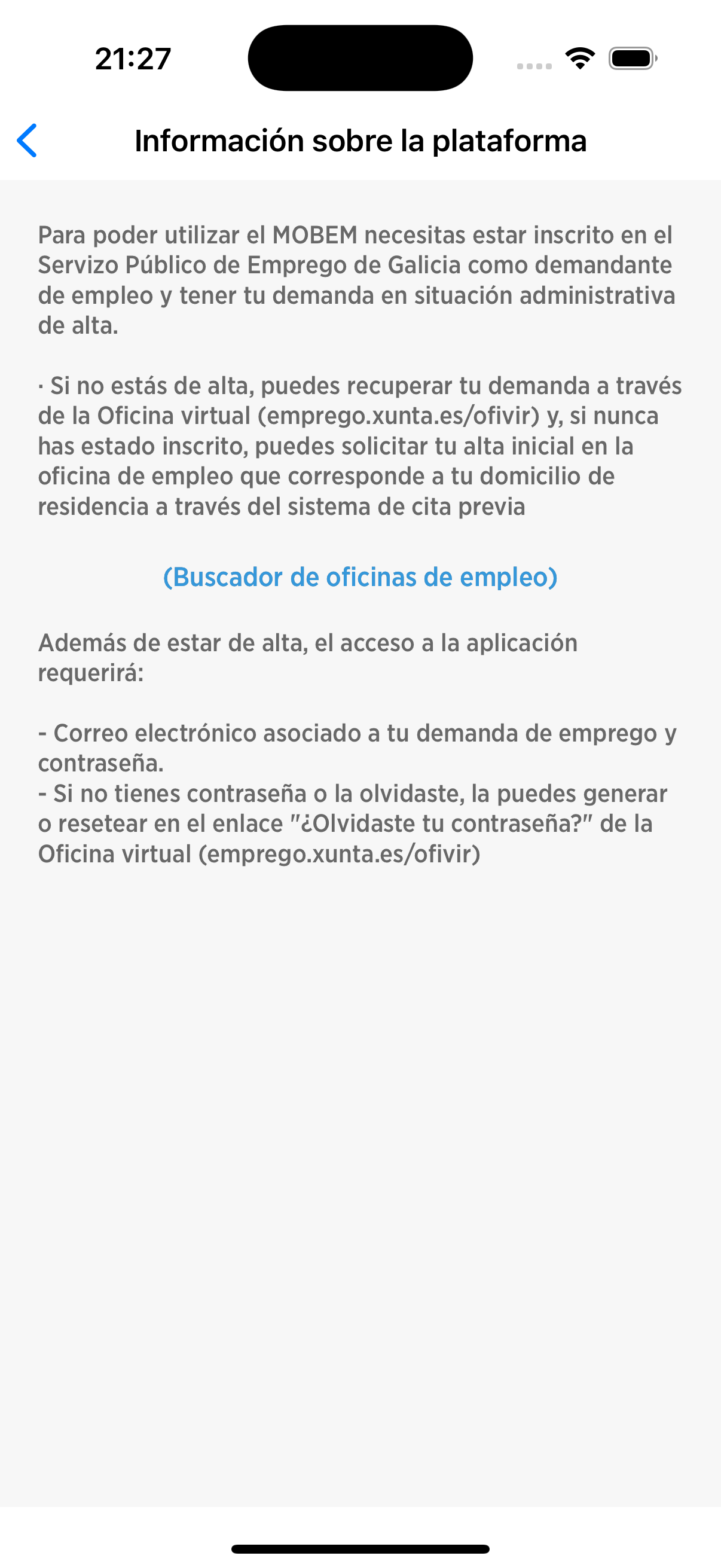 pantalla de información de mobem en Iphone