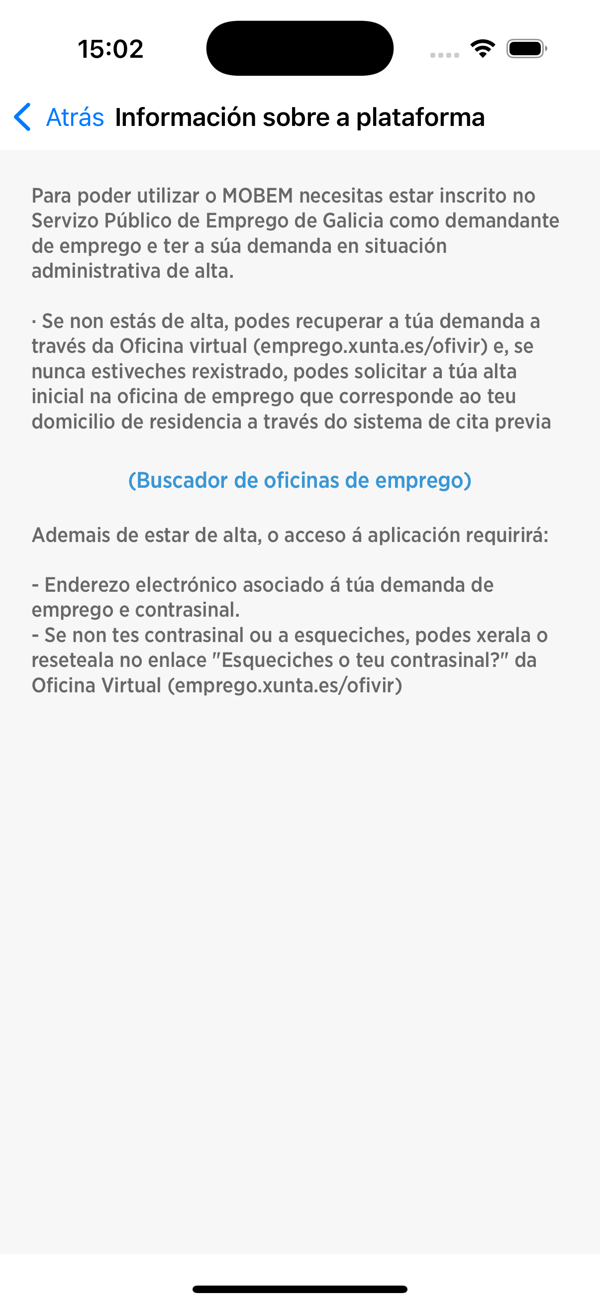 pantalla de información de mobem en Iphone
