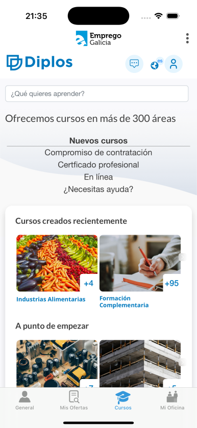 pantalla de la aplicación diplos