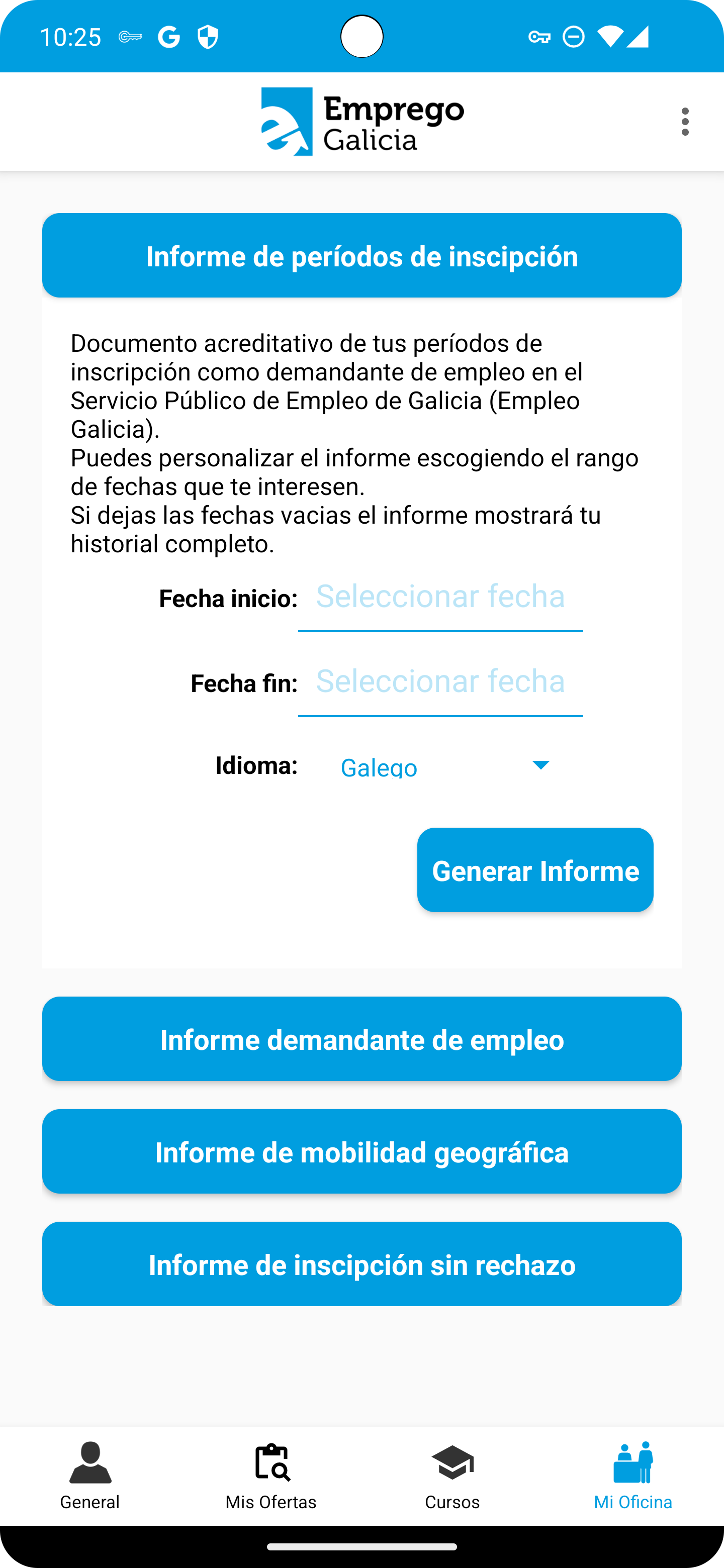 pantalla de informe periodos de inscrición de mobem en android
