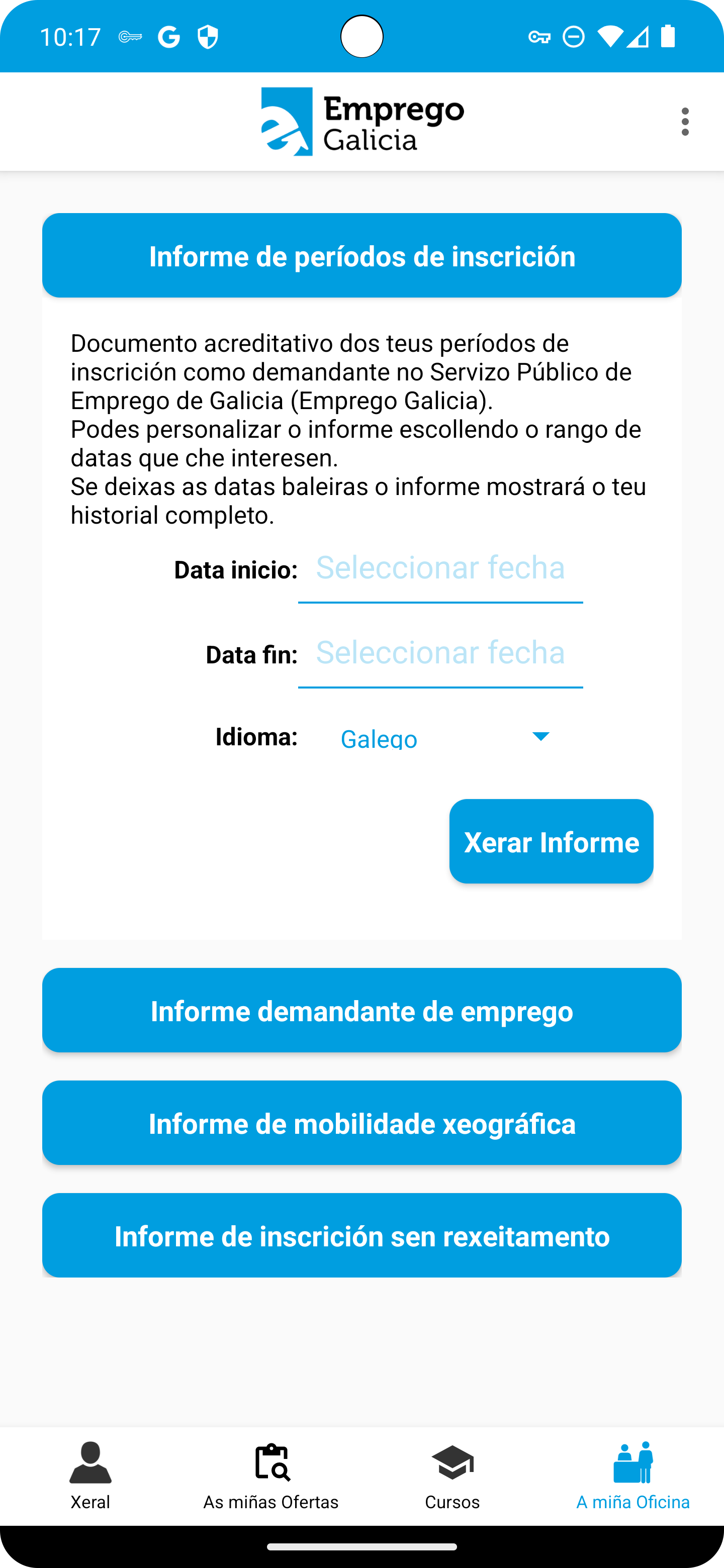 pantalla de informe periodos de inscrición de mobem en android
