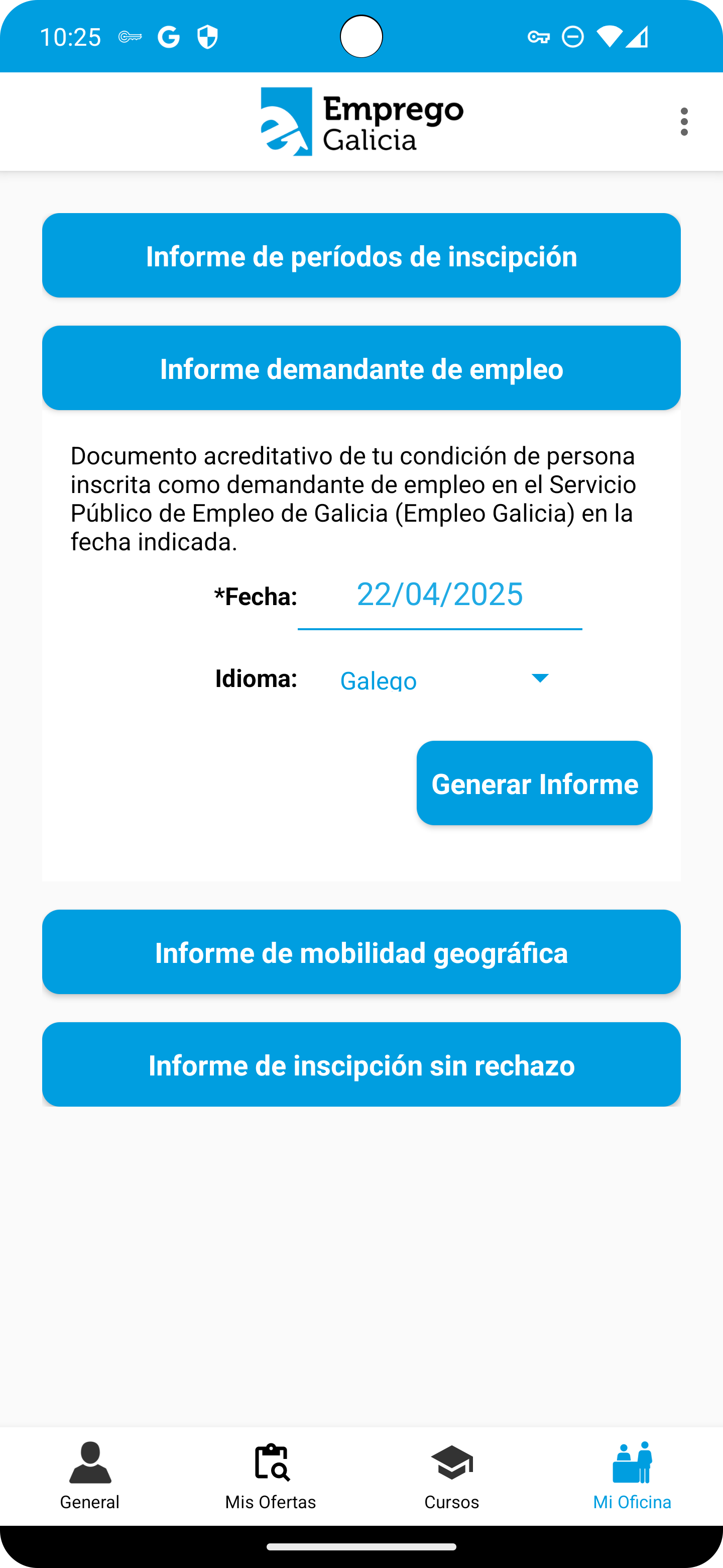 pantalla de informe de demandante de mobem en android