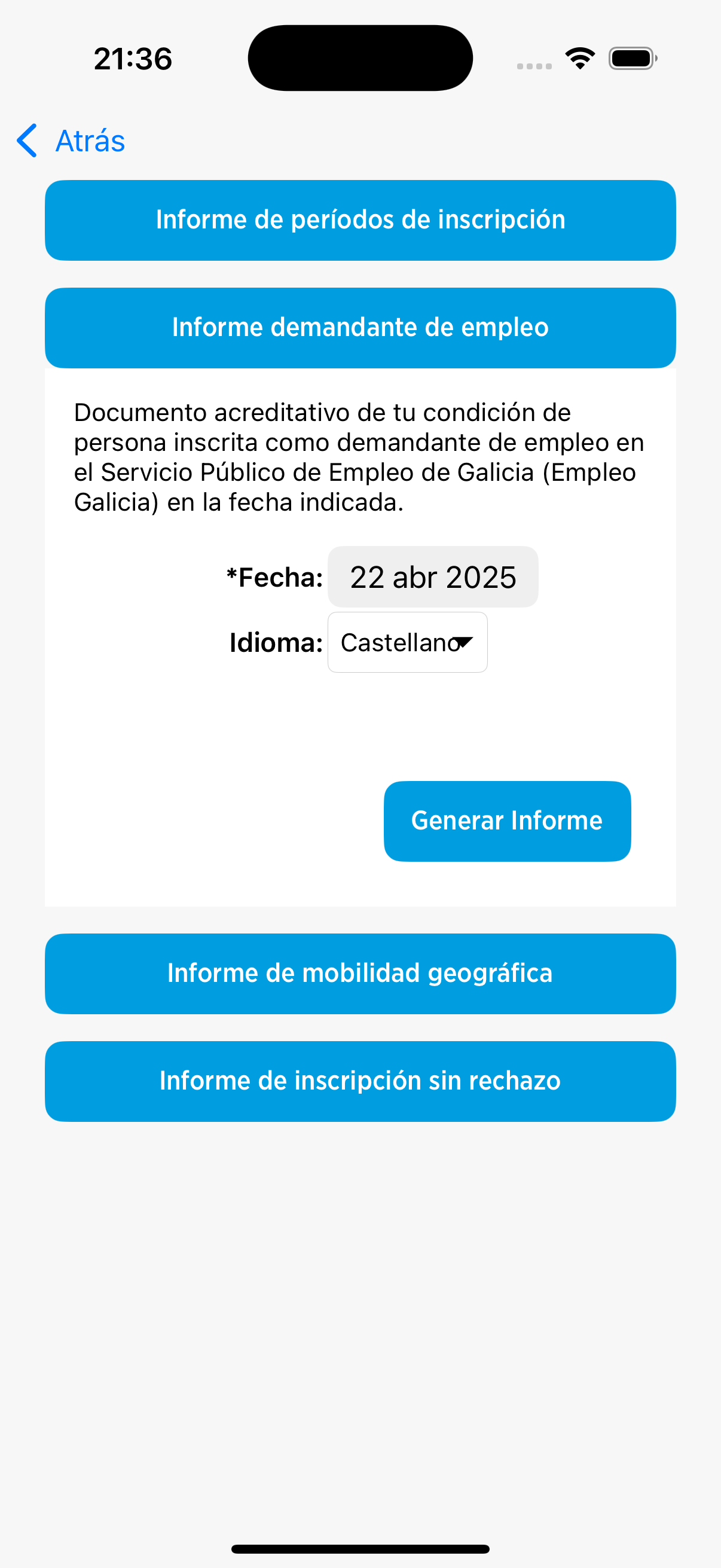 pantalla de informes demandante empleo de mobem en Iphone