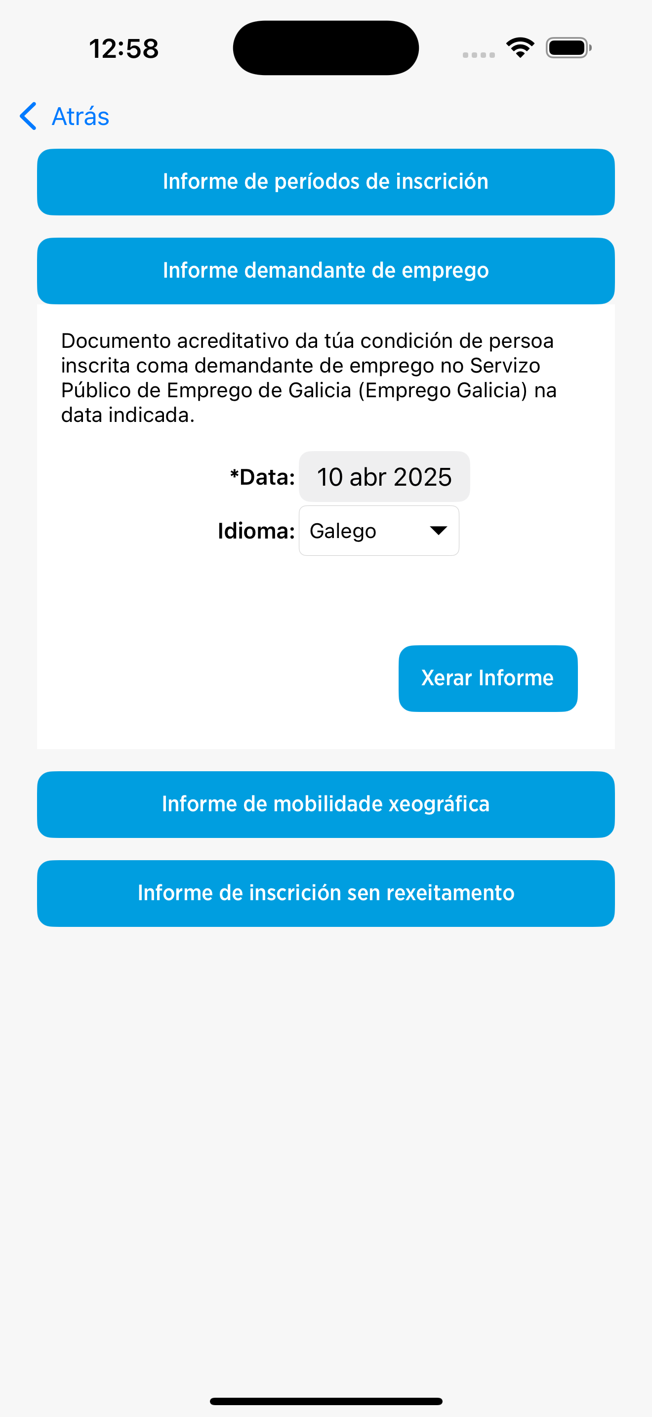 pantalla de informes demandante emprego de mobem en Iphone