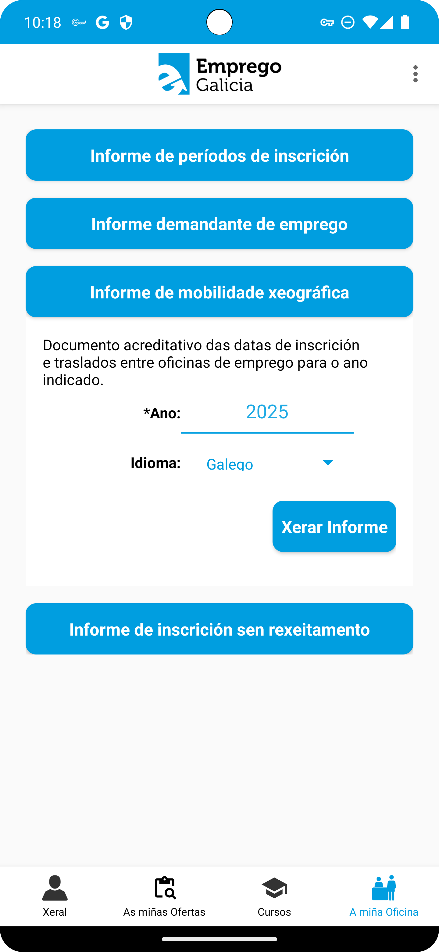 pantalla de informe mobilidade xeográfica de mobem en android