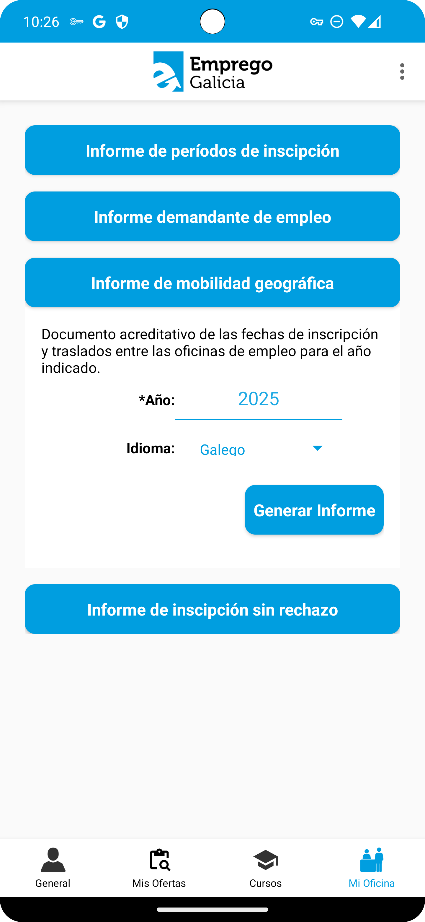 pantalla de informe mobilidade xeográfica de mobem en android