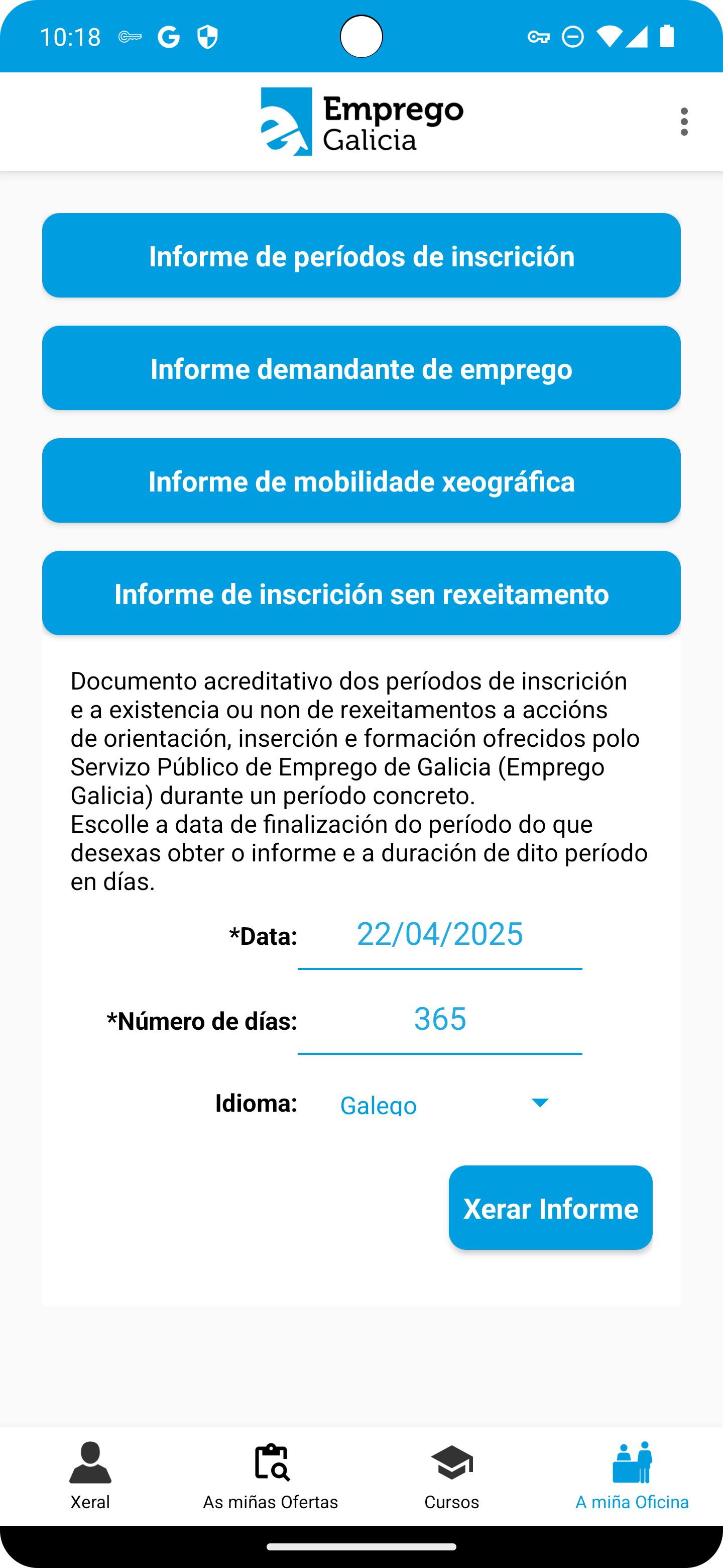 pantalla de informe de inscrición de mobem en android