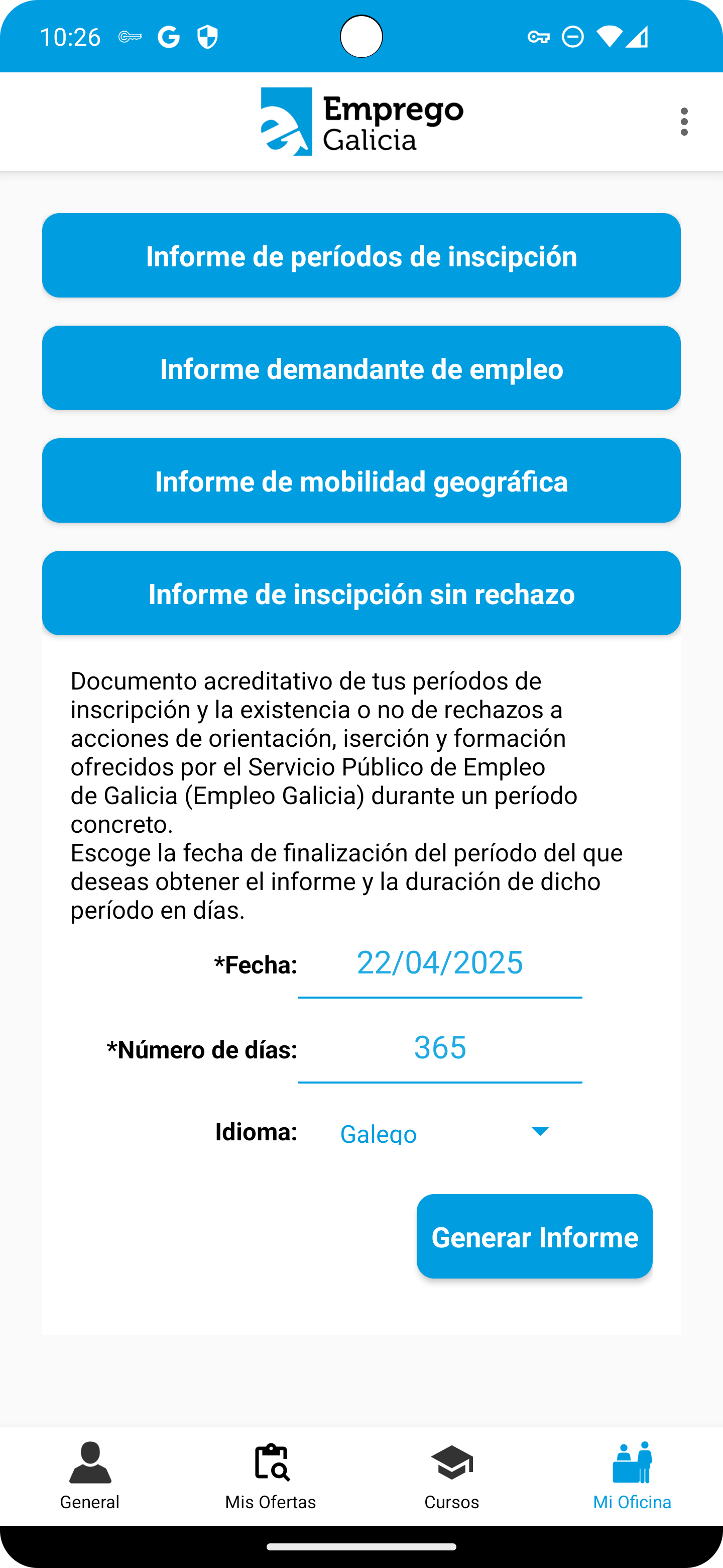 pantalla de informe de inscrición de mobem en android