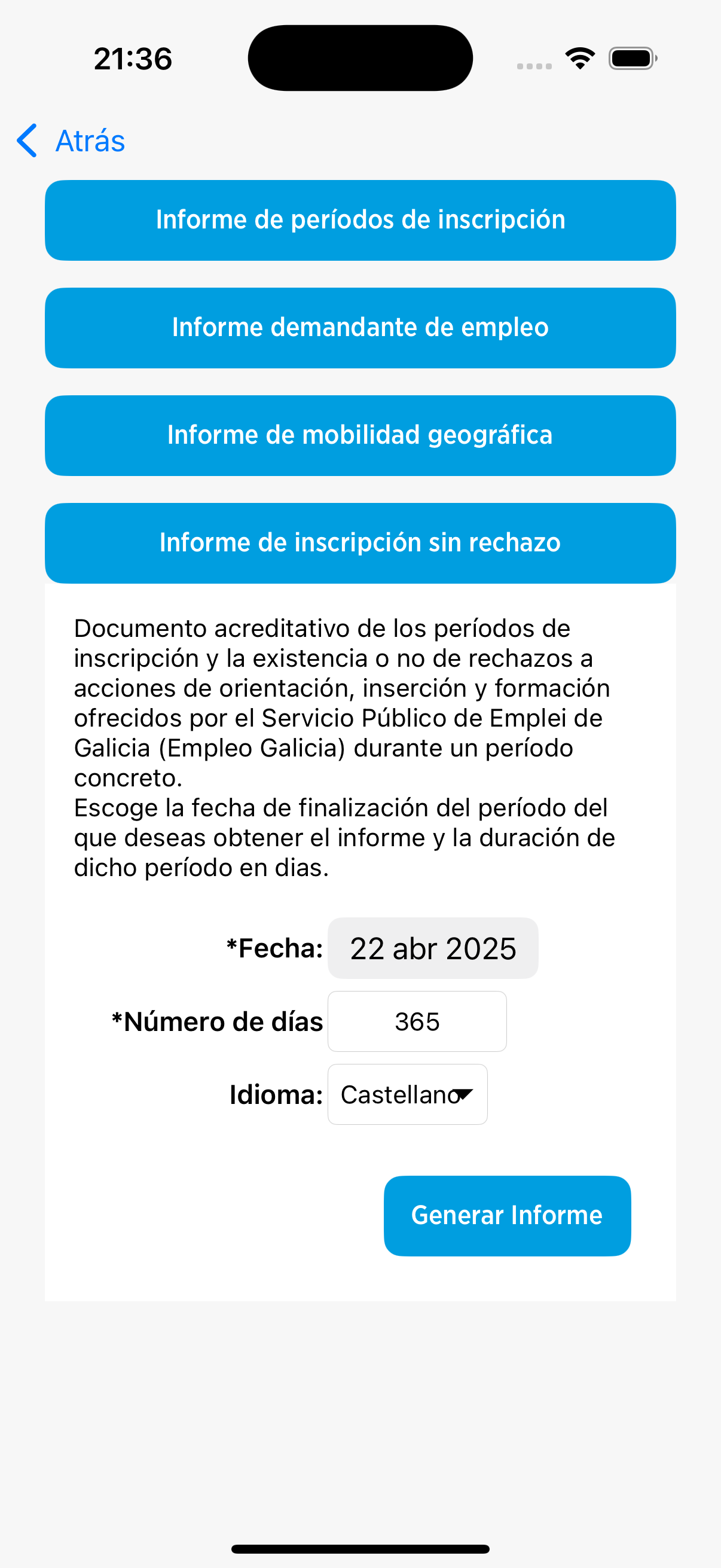 pantalla de informe de inscripción de mobem en Iphone