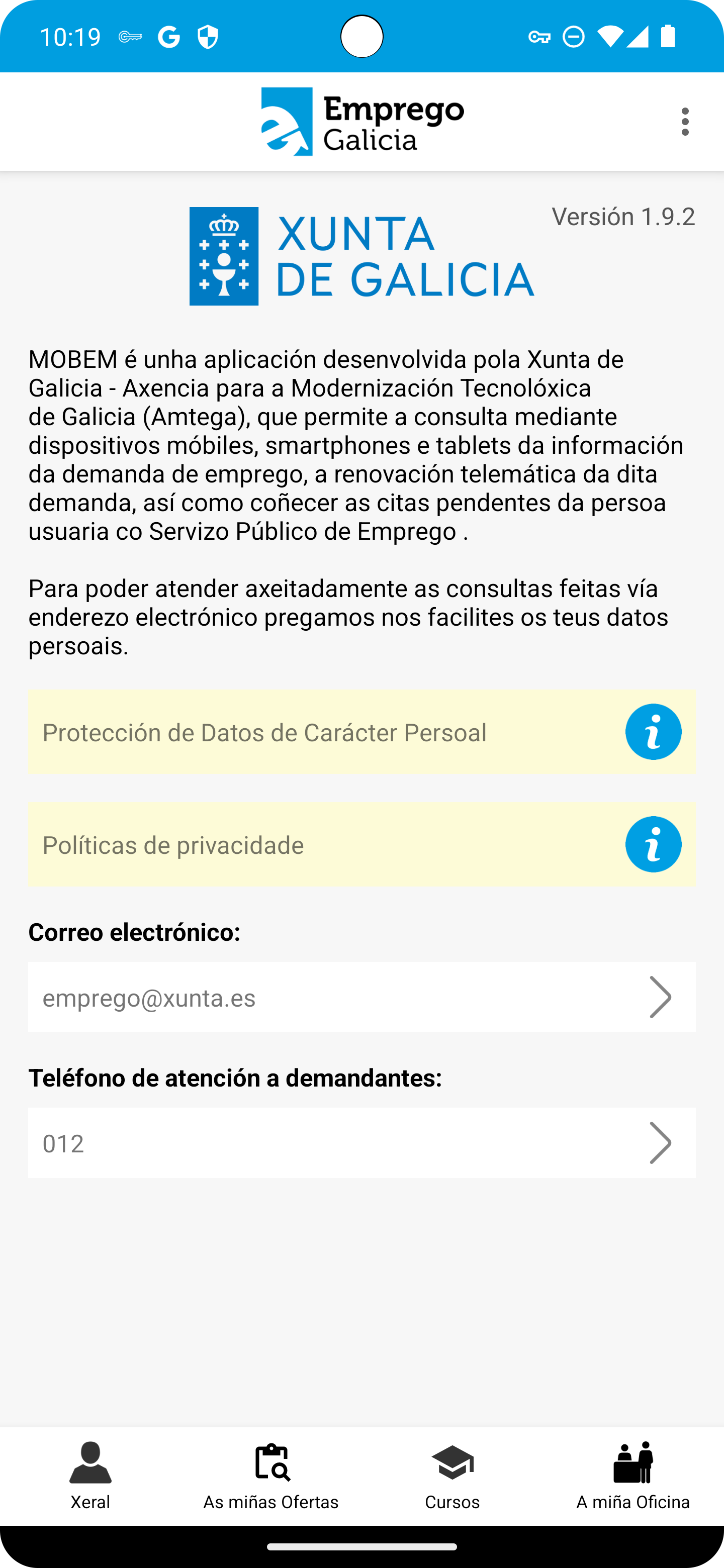 pantalla de información de mobem en android
