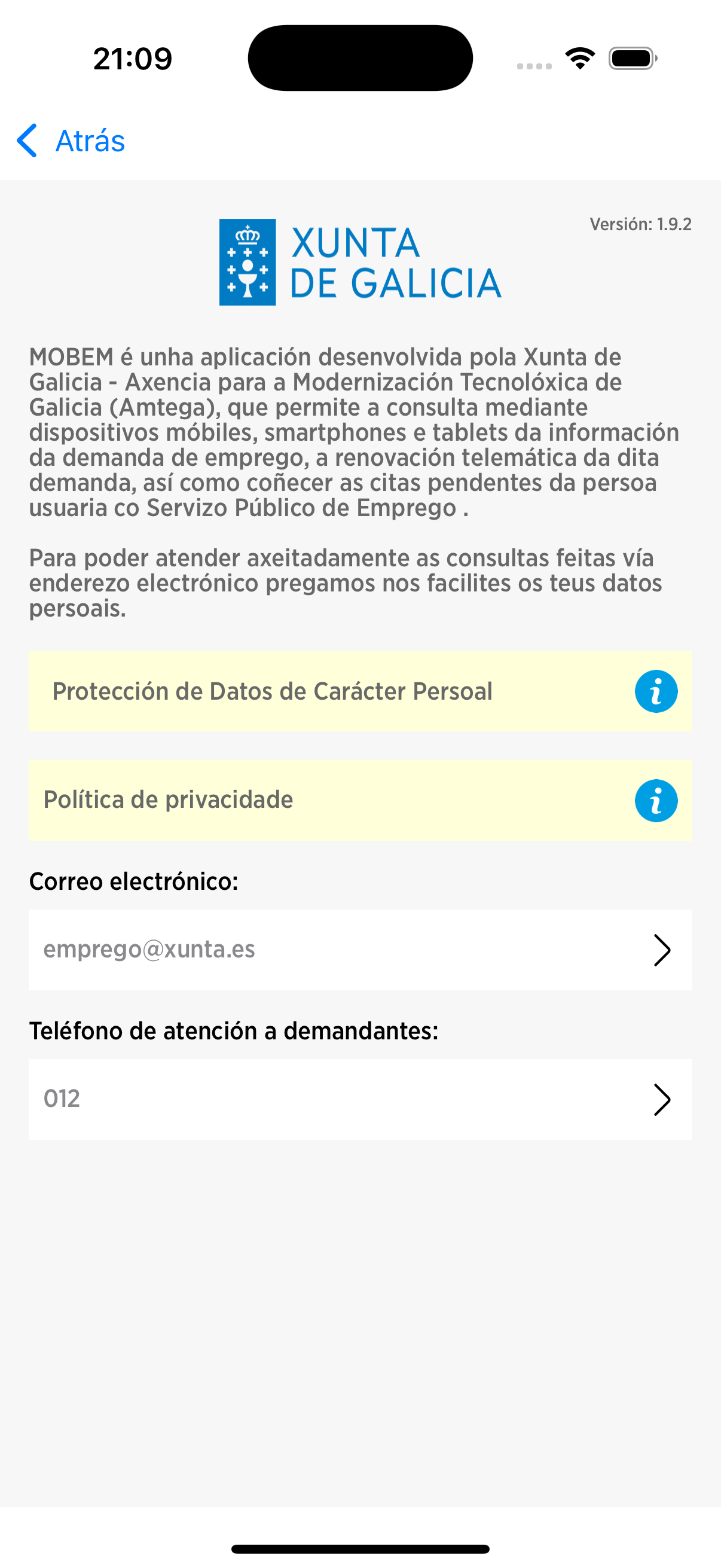 pantalla de información de mobem en Iphone