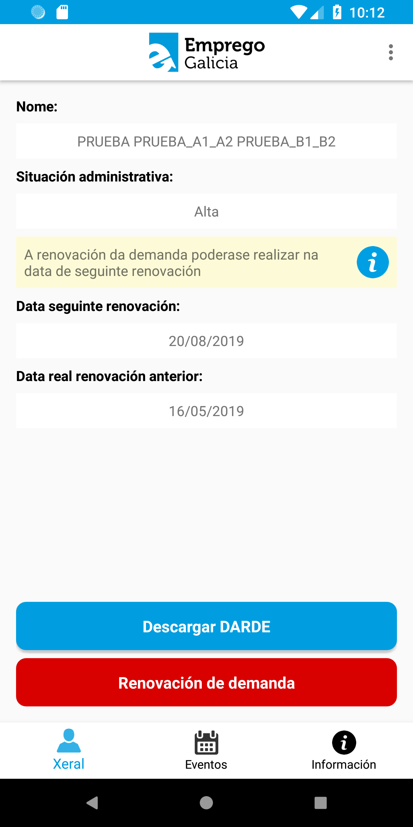 pantalla de información xeral de mobem en android