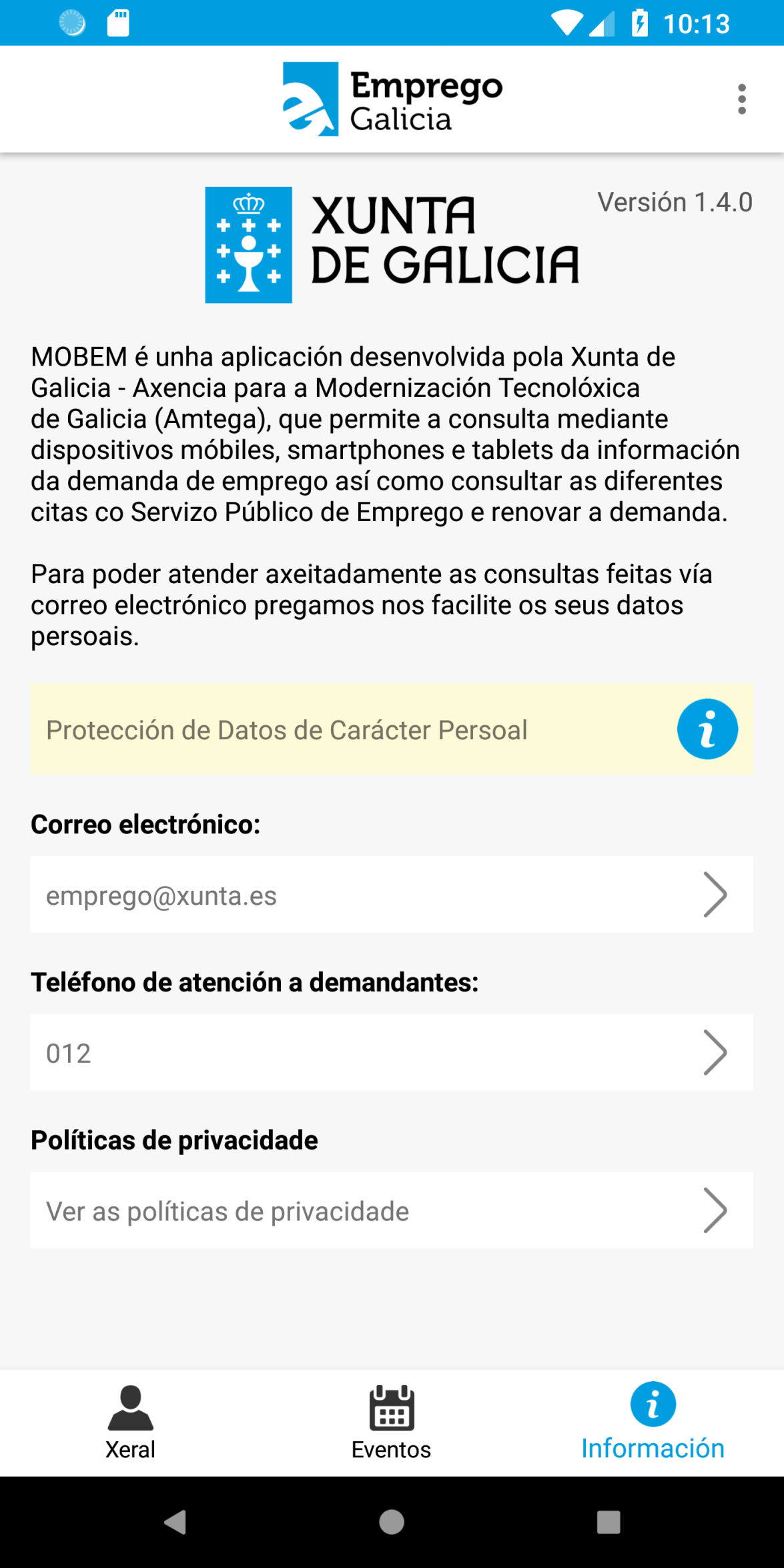 pantalla de información de mobem en android