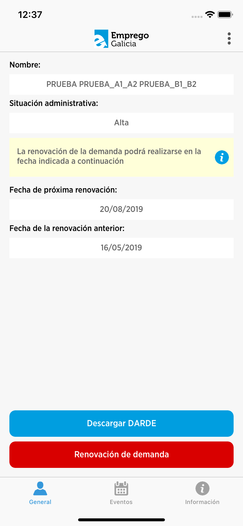 pantalla de información xeral de mobem en Iphone