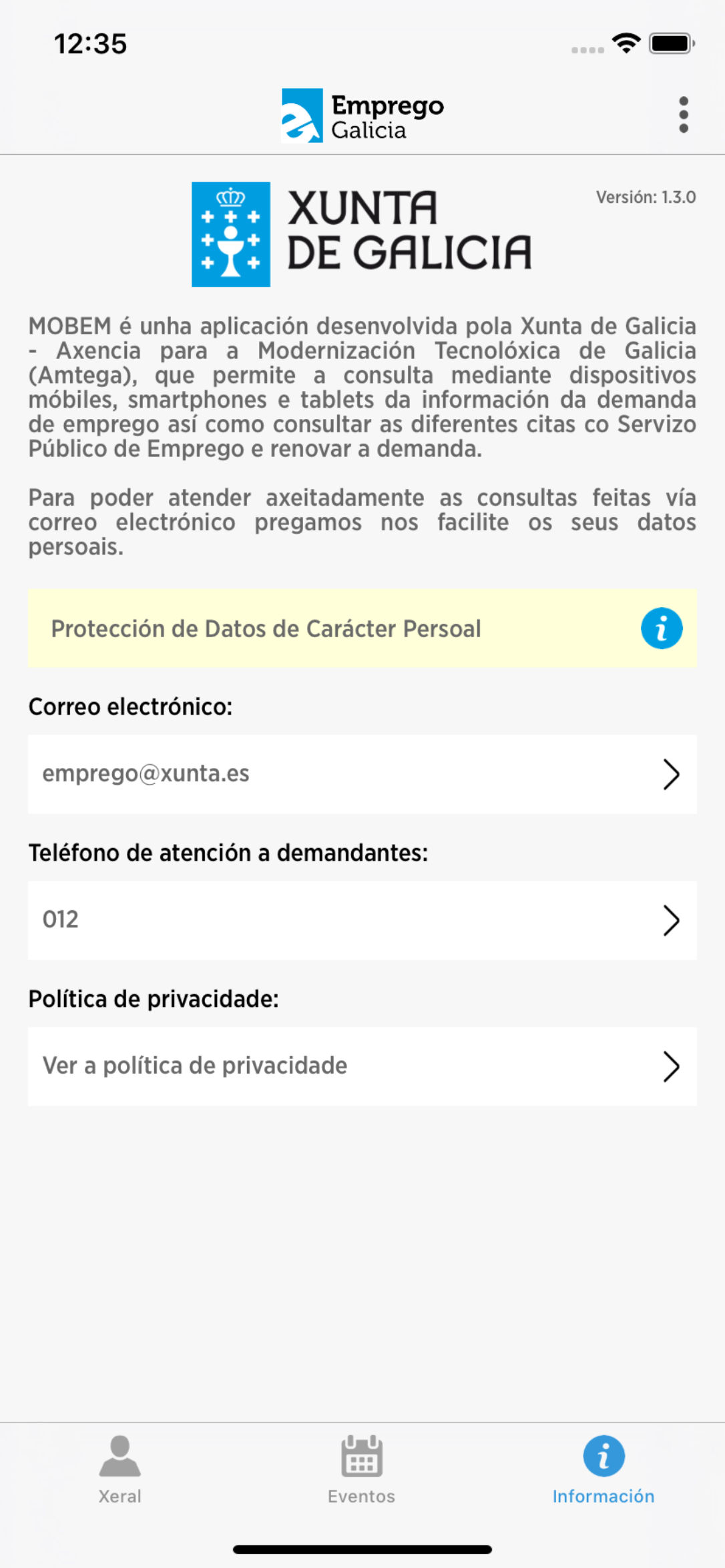 pantalla de información de mobem en Iphone