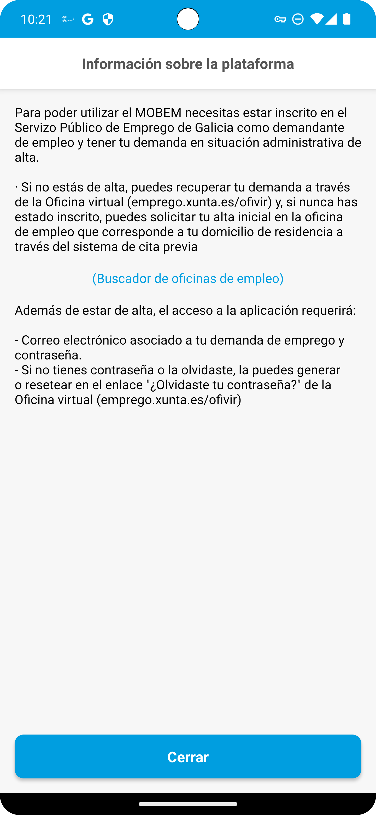 pantalla de información de mobem en Android