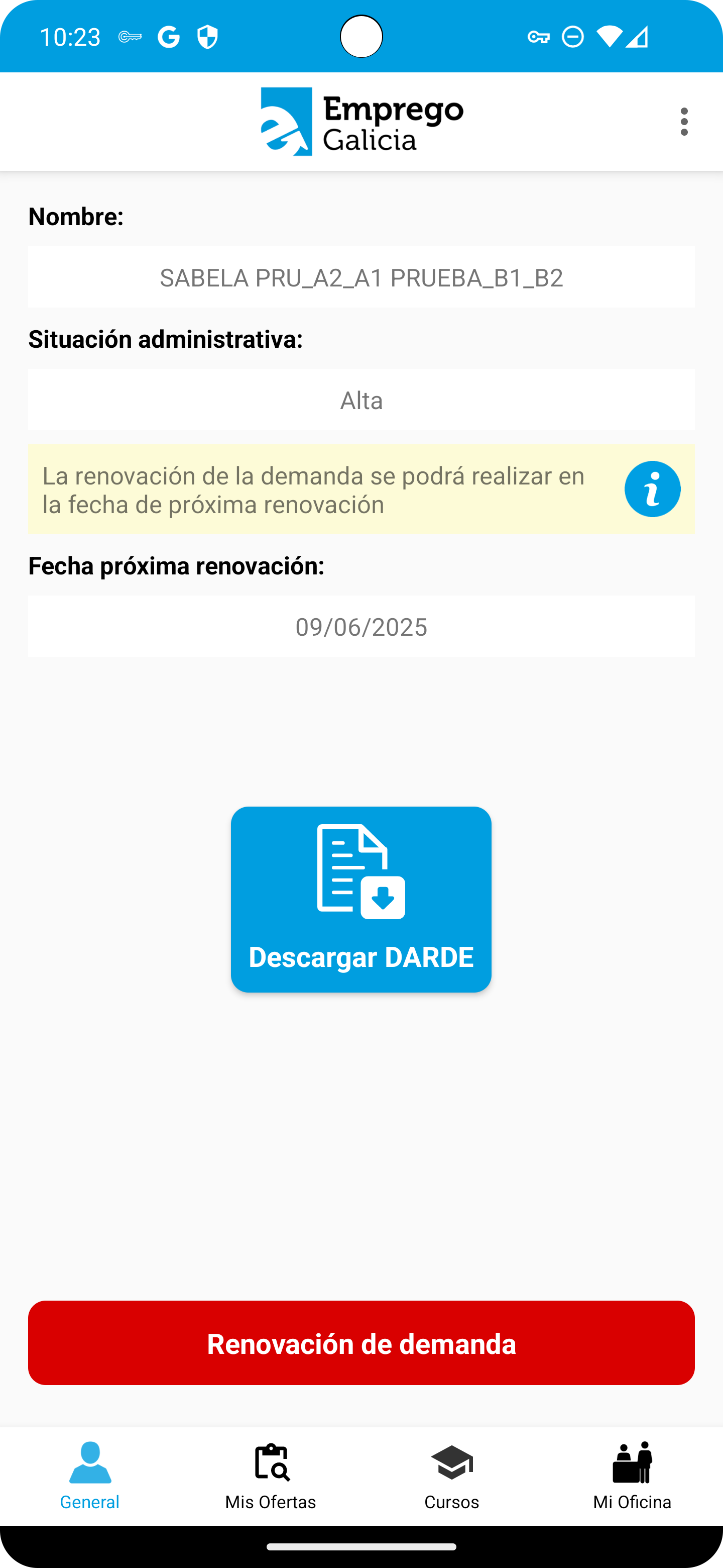 pantalla de información xeral de mobem en android