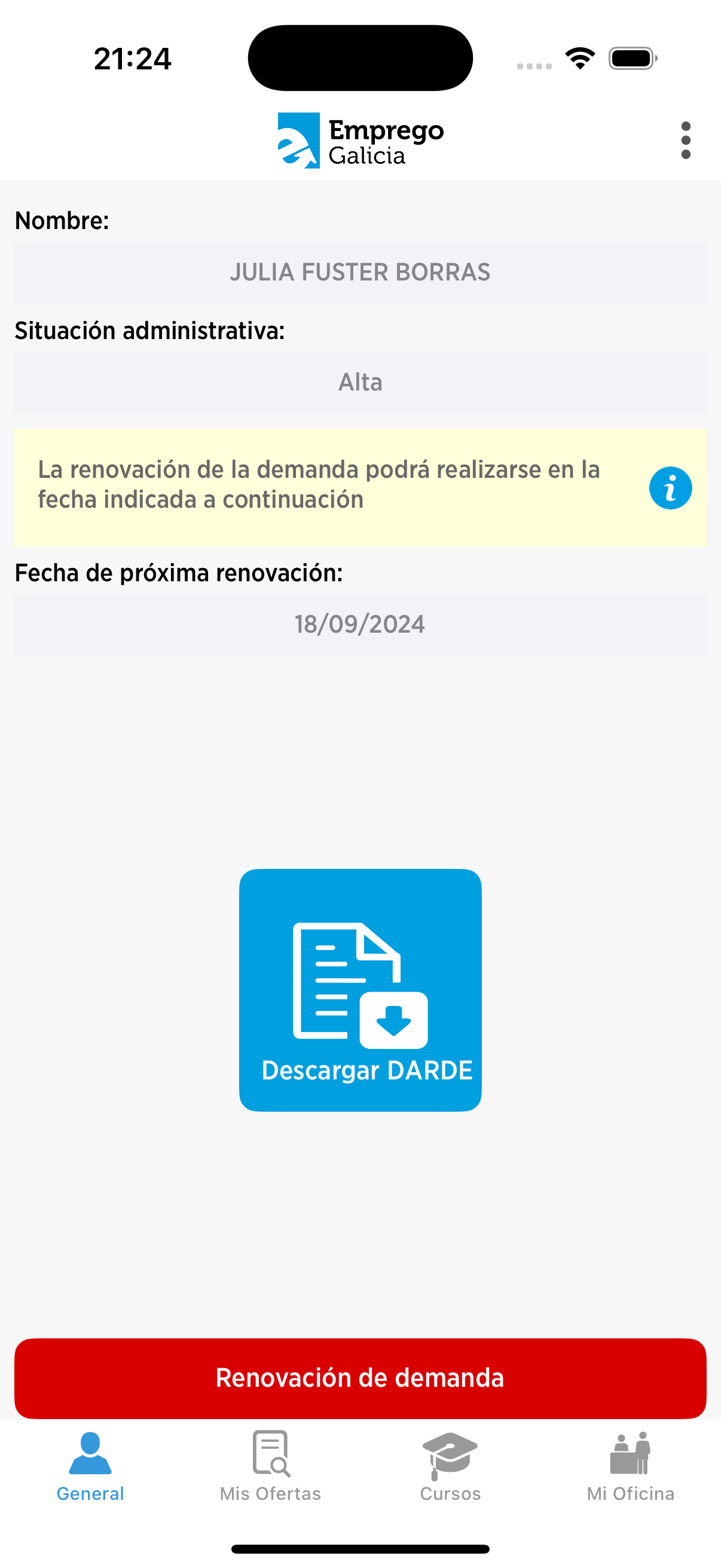 pantalla de información xeral de mobem en Iphone
