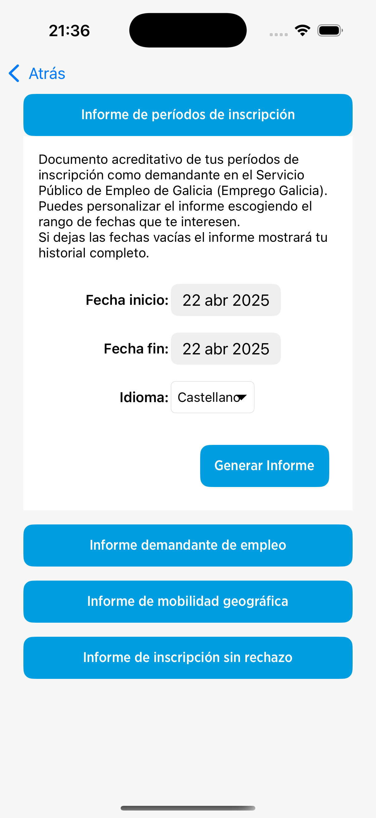 pantalla de informe periodos de inscrición de mobem en Iphone