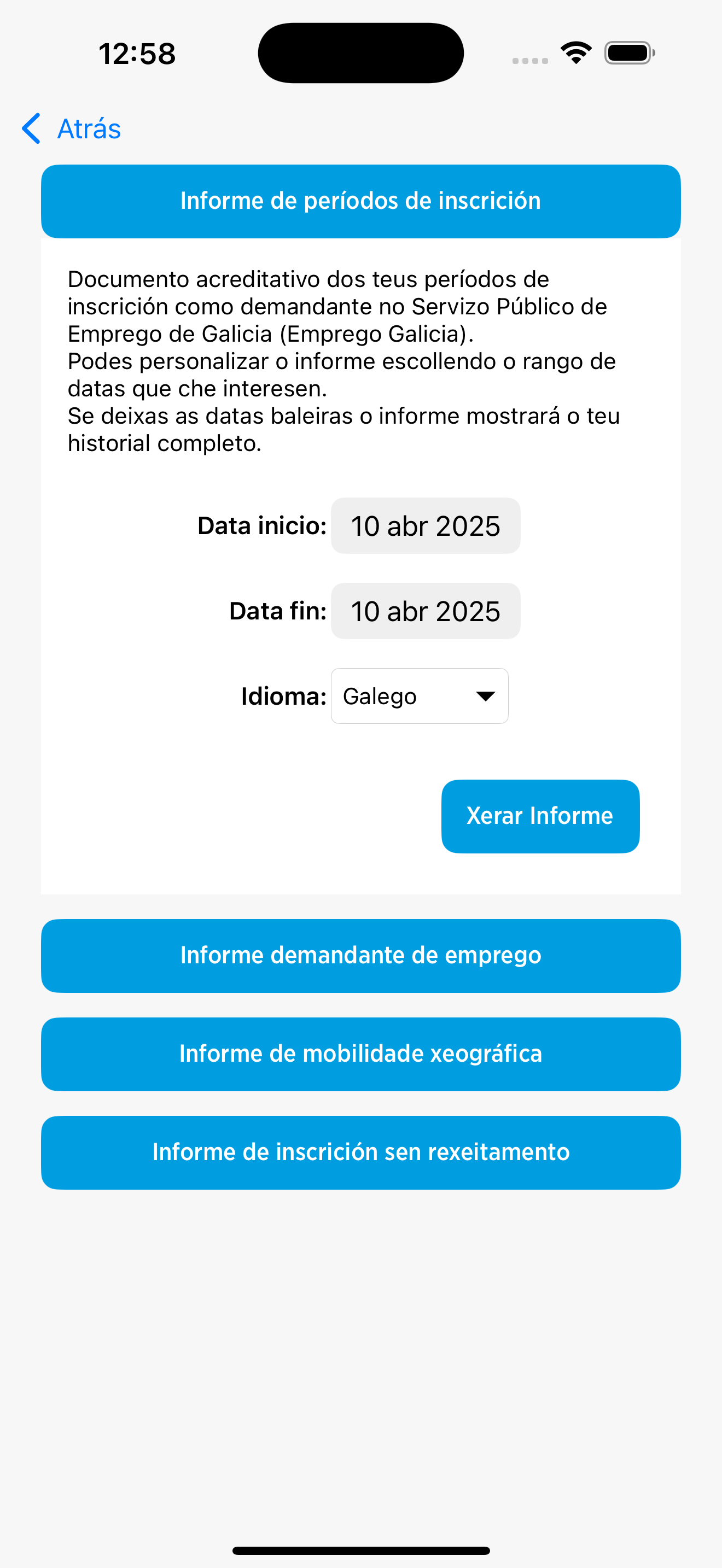 pantalla de informe periodos de inscrición de mobem en Iphone