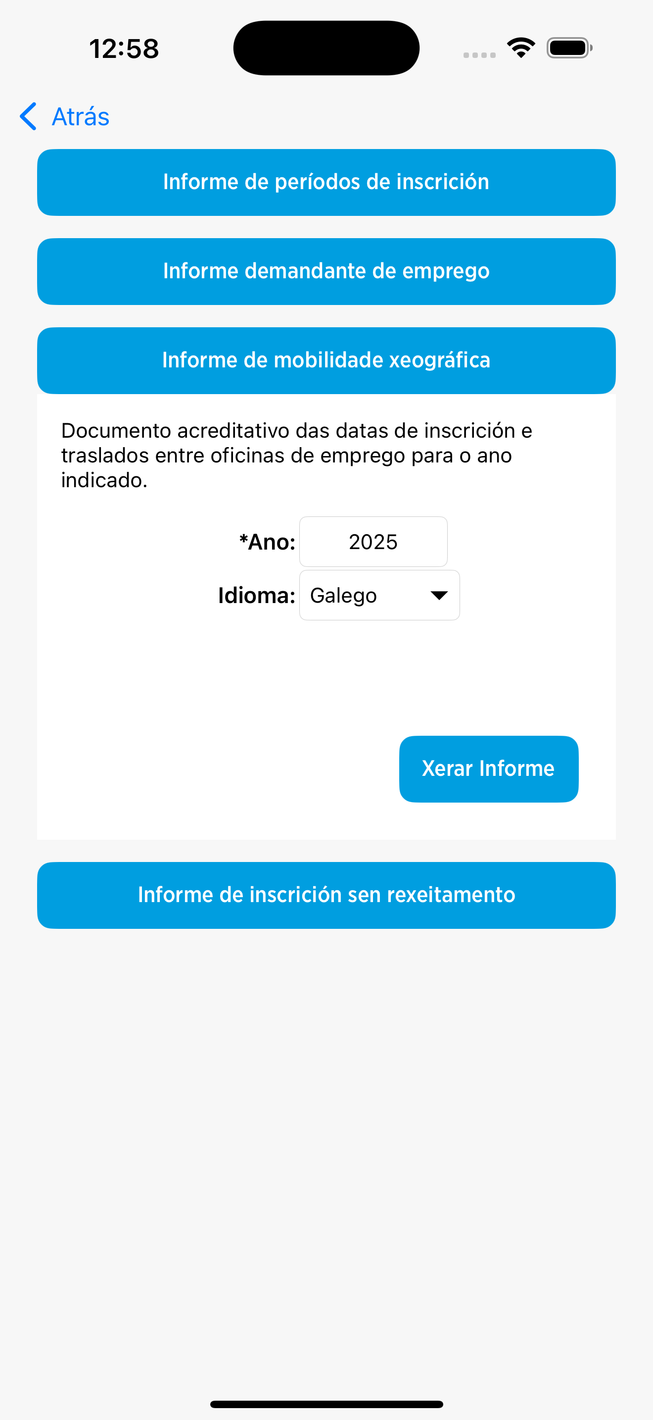 pantalla de informe mobilidade xeográfica de mobem en Iphone