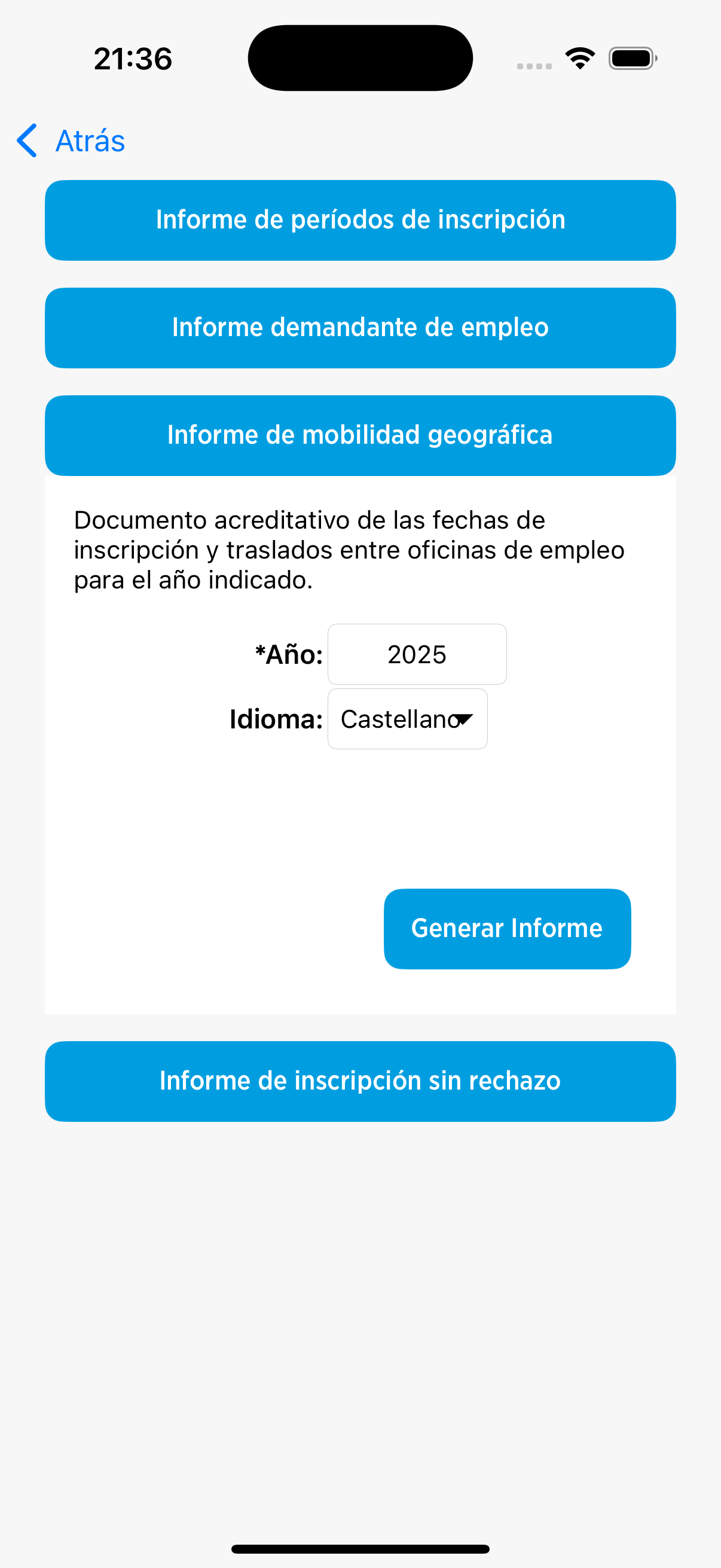 pantalla de informe mobilidade xeográfica de mobem en Iphone