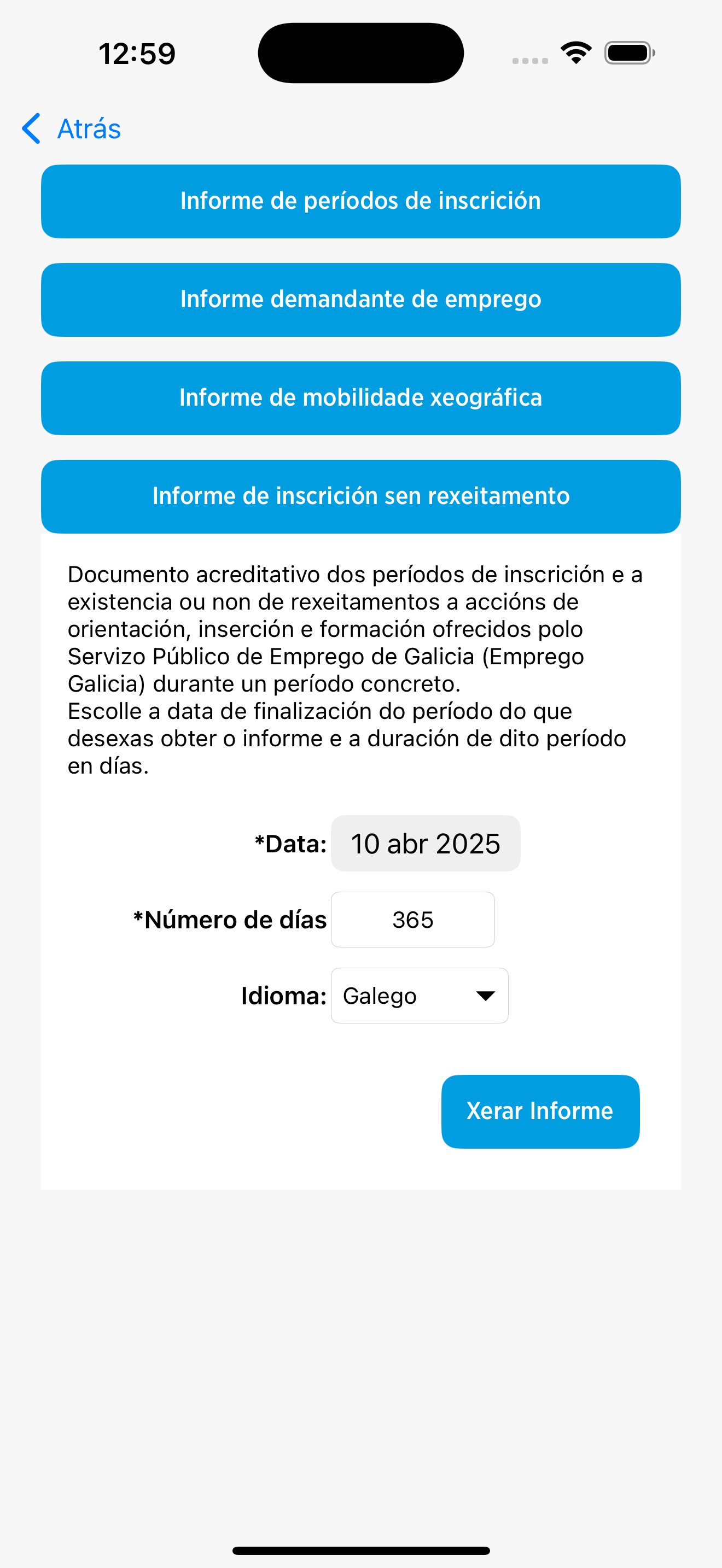 pantalla de informe de inscrición de mobem en Iphone