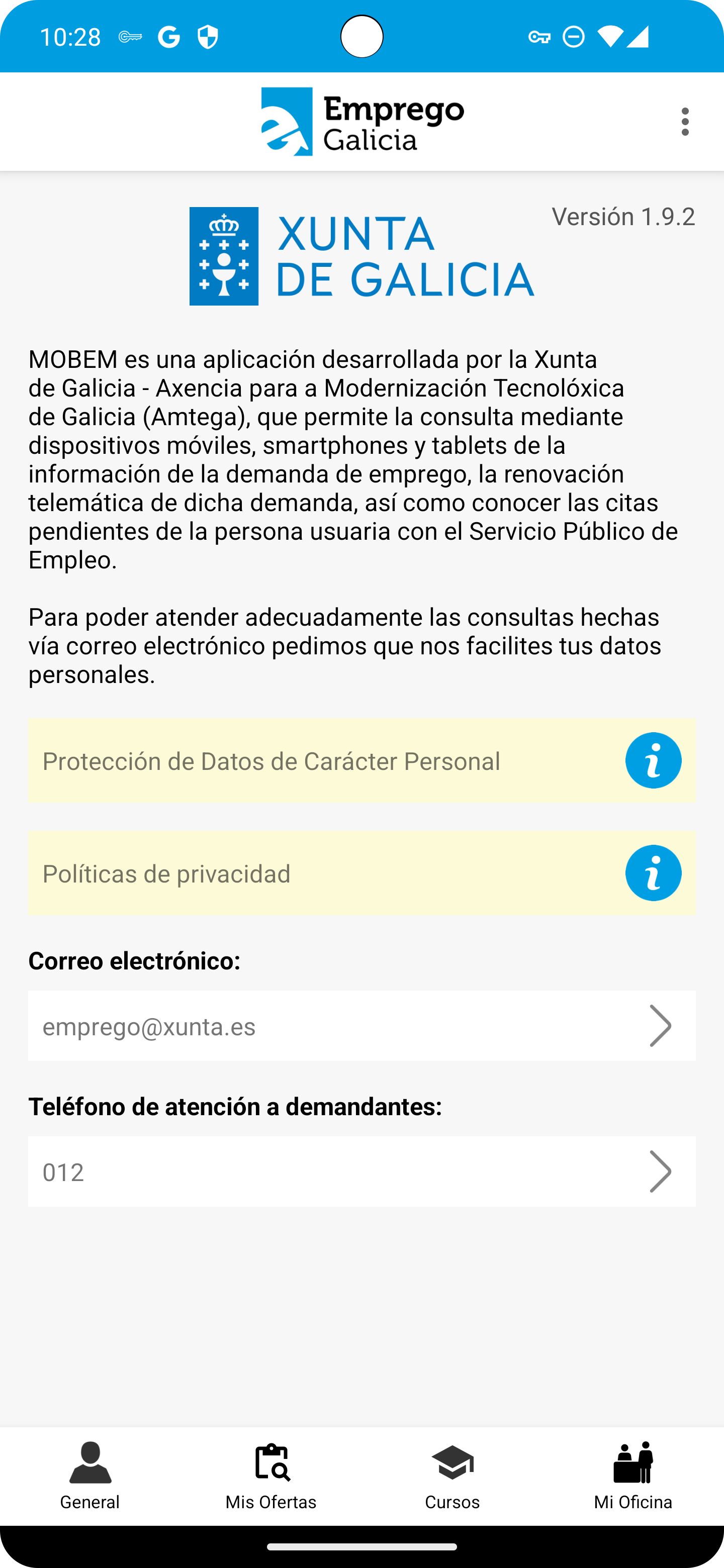 pantalla de información de mobem en Android
