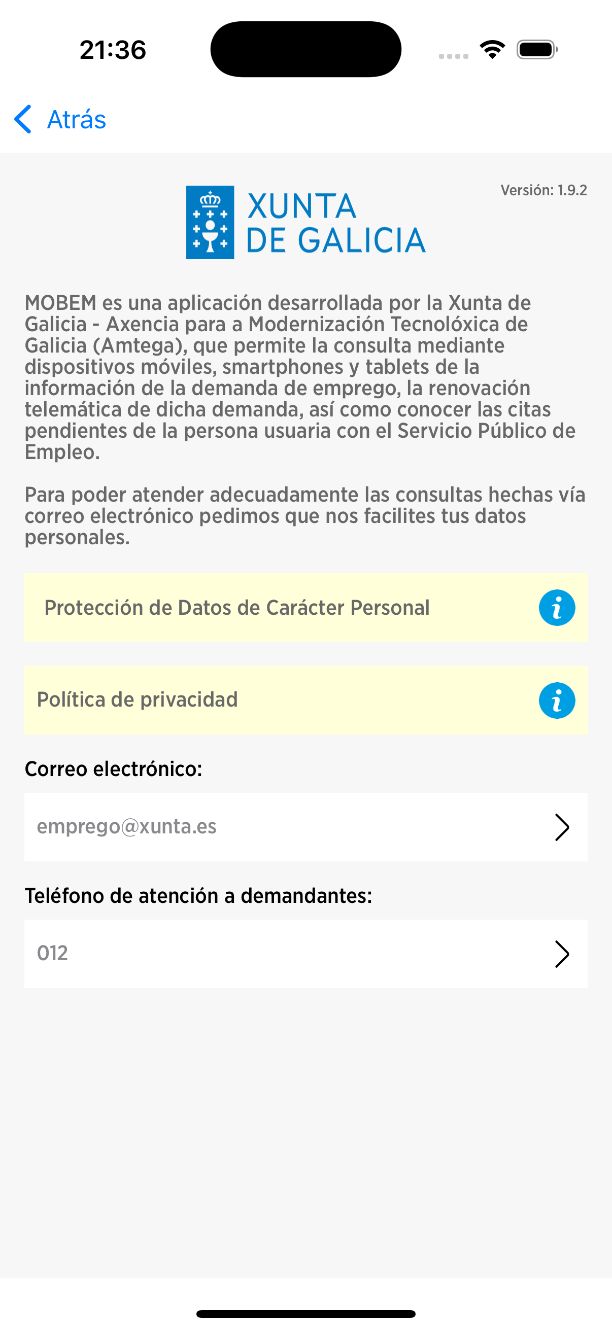 pantalla de información de mobem en Iphone